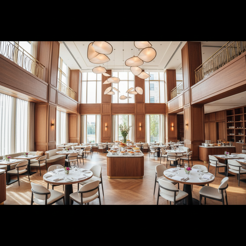 Bir Otel Restoranının Veya Kahvaltı Alanının Aydınlık Ve Davetkar Bir Görünümü. Sıcak Ceviz Ahşap Tonları, Modern Metal Aksesuarlar Ve Açık Renkli, Zarif Sandalyelerin Uyumu Dikkat Çekiyor. Tavandan Sarkan Estetik Aydınlatma Armatürleri Ve Büyük Cam Yüzeylerden Içeri Dolan Doğal Gün Işığı, Mekana Canlı Ve Ferah Bir Enerji Katıyor. Masalar Özenle Düzenlenmiş, Temiz Ve Düzenli Bir Atmosfer Hakim. Geniş Açılı Bir Lens (10-24Mm) Kullanılarak Çekilmiş, Tüm Mekanın Atmosferini Ve Akıcı Tasarımını Yansıtan Sinematik Bir Kompozisyon.