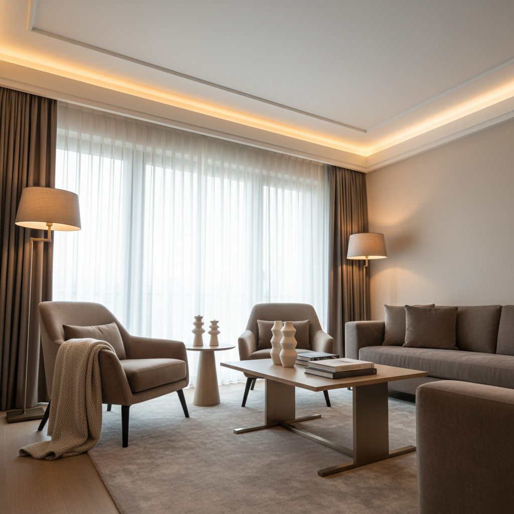 Şık Ve Konforlu Bir Otel Süitinin Oturma Alanı, Yumuşak Krem, Toprak Ve Sıcak Gri Tonlarında Bir Renk Paletiyle Tasarlanmış. Kaliteli Kumaş Kaplı Modern Koltuklar Ve Minimalist Bir Sehpa, Dinlenmeye Davet Eden Bir Atmosfer Sunuyor. Büyük Bir Pencereden Süzülen Hafif Gün Işığı Odayı Aydınlatırken, Köşelerde Yer Alan Abajurlar Ve Gizli Led Aydınlatmalar Sıcak Ve Yumuşak Bir Parıltı Sağlıyor. Net Ve Ferah Bir Atmosfer, Özenle Seçilmiş Dekoratif Objelerle Tamamlanmış. Düşük Açılı, Sinematik Bir Çekim (10-24Mm Lens) Ile Odanın Genişliği Ve Detayları Vurgulanıyor.