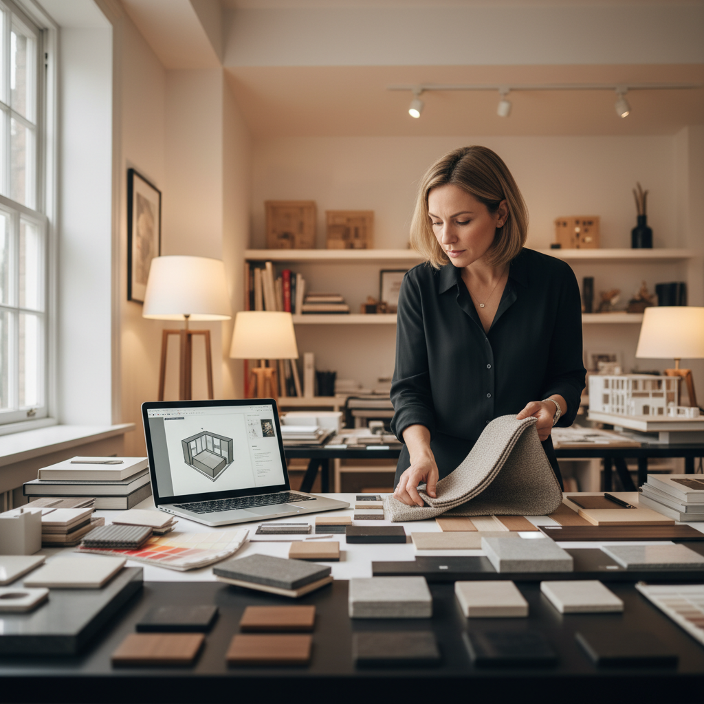 Geniş Açılı (14-30Mm Lens) Sinematik Bir Görsel. Profesyonel Bir Iç Mimar (30'Lu Yaşlarının Ortalarında, Odaklanmış Bir Ifadeyle) Aydınlık Bir Tasarım Stüdyosunda Veya Ofiste Geniş, Düzenli Bir Masanın Üzerinde Sergilenen Çeşitli Malzeme Örneklerini (Ahşap Kaplamalar, Kumaş Numuneleri, Boya Kartelaları, Taş Örnekleri) Inceliyor. Büyük Bir Pencereden Içeri Süzülen Hafif Gün Işığı, Örneklerin Dokularını Ve Renklerini Belirginleştiriyor, Sıcak, Yumuşak Bir Iç Aydınlatma Ile Tamamlanıyor. İç Mimar Elinde Bir Kumaş Örneğini Tutarak Detayları Değerlendiriyor. Masada Ayrıca Mimari Planları Veya 3D Renderları Gösteren Açık Bir Dizüstü Bilgisayar Ve Düzenli Istiflenmiş Tasarım Kitapları Bulunuyor. Arka Plan Hafifçe Bulanık; Düzenli Raflarda Tasarım Referansları Seçiliyor. Atmosfer, Odaklanmış Yaratıcılık, Titizlik Ve Profesyonellik Yayıyor.
