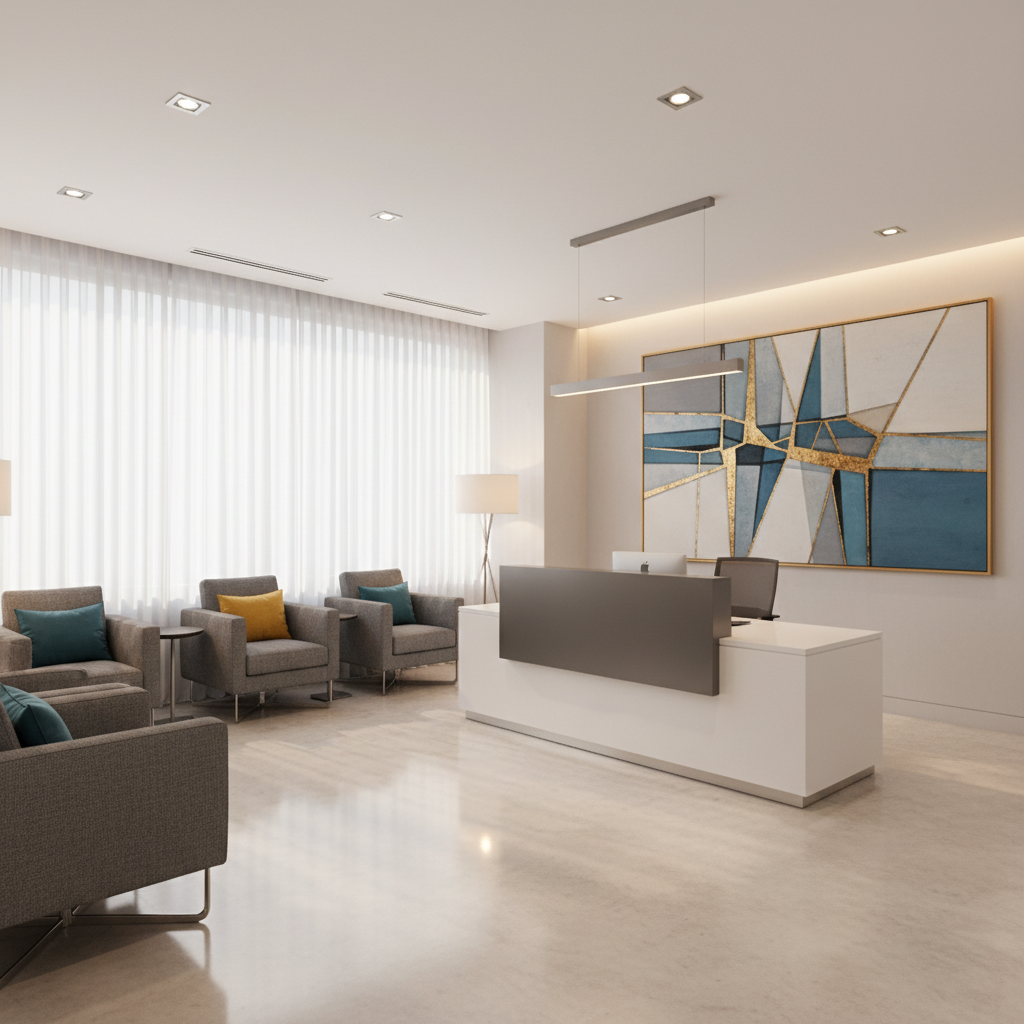 Geniş Açılı (20Mm Lens), Sinematik Bir Çekim. Şık Ve Profesyonel Bir Kurumsal Ofis Resepsiyon Alanı. Modern Tasarıma Sahip Boş Bir Resepsiyon Bankosu Ve Bekleme Alanı Için Konforlu Tasarım Koltuklar. Duvarlarda Soyut, Sanatsal Bir Çalışma (Yazı Veya Logo Içermeyen). Şirketin Kurumsal Kimliğini Yansıtan, Ancak Belirgin Logo Veya Metin Içermeyen, Zarif Renk Dokunuşları (Örneğin, Yastıklarda Veya Dekoratif Objelerde). Geniş Bir Pencereden Gelen Yumuşak Öğle Güneşi Ile Iç Mekan Aydınlatmasının Sıcak Tonları Harmanlanıyor. Zemin Cilalı Ve Yansıtıcı. Mekanın Genelinde Resmi, Davetkar Ve Sofistike Bir Atmosfer Var. Warm Tones, 14-30Mm Lens.