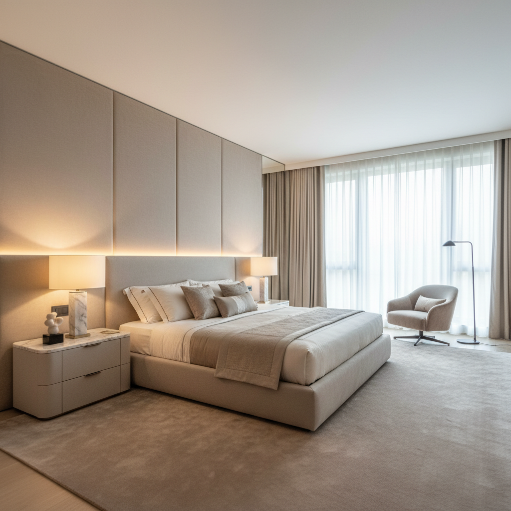 Lüks Bir Villanın Ana Yatak Odası, Geniş, Sakin Ve Huzurlu Bir Atmosferde. Yatak Başlığı, Açık Bej Rengi, Yumuşak Dokulu Kadife Kumaştan Yapılmış, Zeminde Ise Aynı Tonlarda Pelüş Bir Yün Halı Serili. Yatak, Alçak Profilli, Modern Ve Döşemeli Bir Tasarıma Sahip, Üzerine Ipek Ve Pamuk Karışımı Lüks Nevresim Takımları Ve Dekoratif Yastıklar Yerleştirilmiş. Yatağın Iki Yanında, Mermer Üst Yüzeyli, Minimalist Ve Şık Komodinler Bulunuyor. Geniş Pencerelerden Odaya Dolan Bol Ve Yumuşak Gün Işığı, Yatak Başlığı Arkasından Gelen Gizli Led Aydınlatma Ve Komodinler Üzerindeki Abajurlardan Yayılan Sıcak Iç Mekan Işığı Ile Birleşerek Davetkar Ve Ferah Bir Ambiyans Yaratıyor. Pencere Kenarında, Kadife Döşemeli, Rahat Bir Okuma Koltuğu Ve Modern Bir Ayaklı Lambader. Komodin Üzerinde Küçük, Sanatsal Bir Heykel. Hafif Çaprazdan, Yatağı Ve Pencereyi Kadraja Alan, Odanın Derinliğini Ve Huzurunu Vurgulayan Geniş Açılı Bir Çekim. 10-24Mm Lens, Sinematik, Yüksek Çözünürlüklü Fotoğraf.