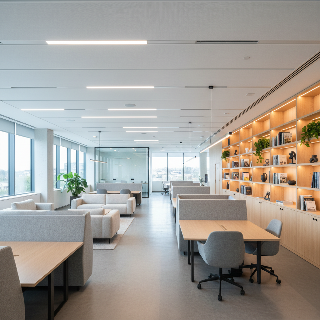 Geniş Açılı, Sinematik Bir Iç Mekan Çekimi (20Mm Lens). Fonksiyonellik Ve Estetiği Bir Araya Getiren Çağdaş Bir Yaşam Alanı Veya Açık Planlı Bir Ofis. Alan, Temiz Çizgiler, Açık Renk Ahşap, Dokulu Kumaşlar Ve Parlak Beton Gibi Doğal Malzemelerle Tasarlanmış. Ergonomik Olarak Tasarlanmış Oturma Alanları, Entegre Raf Sistemleri Ve Sofistike Ambiyans Aydınlatma Armatürleri Dikkat Çekiyor. Yumuşak Gün Işığı Odanın Geneline Yayılırken, Sıcak Tonlardaki Iç Mekan Işıklandırmasıyla Katmanlı, Işıltılı Bir Etki Yaratıyor. Farklı Bölgeler Arasındaki Akıcı Geçiş Ve Seçilen Doku Ve Renklerin Görsel Uyumu Ön Planda. Ortam Aydınlık, Net, Ferah Ve Huzurlu Bir Hava Taşıyor.