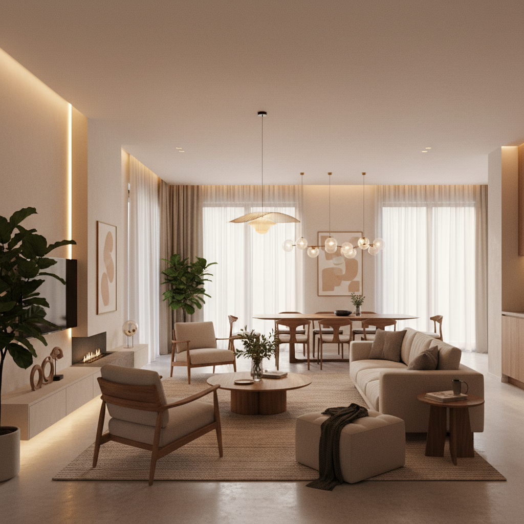 Geniş Açılı (10-24Mm Lens) Sinematik Bir Fotoğraf Çekimi. Başarılı Bir Iç Mimari Projesi Sonucunda Ortaya Çıkmış, Sıcak Tonlara Sahip, Modern Ve Zarif Bir Yaşam Alanı. Büyük Pencerelerden Gelen Yumuşak, Dağınık Gün Işığı, Özenle Yerleştirilmiş Sıcak Iç Mekan Aydınlatmalarıyla (Gizli Led Şeritler, Dekoratif Sarkıt Lambalar) Bütünleşiyor. Mekanda Açık Bejler, Doğal Ahşap Ve Toprak Tonlarında Çağdaş, Konforlu Mobilyalar Yer Alıyor. Geniş, Dokulu Bir Halı Oturma Grubunu Çerçeveliyor. Dekorasyon Minimalist Ama Sofistike; Özenle Seçilmiş Sanat Eserleri Ve Birkaç Büyük Yapraklı Bitki, Mekana Taze, Net Ve Ferah Bir Atmosfer Katıyor. Geniş Açılı Çekim, Mekanın Ferahlığını Ve Tasarımın Kusursuz Akışını Vurguluyor.