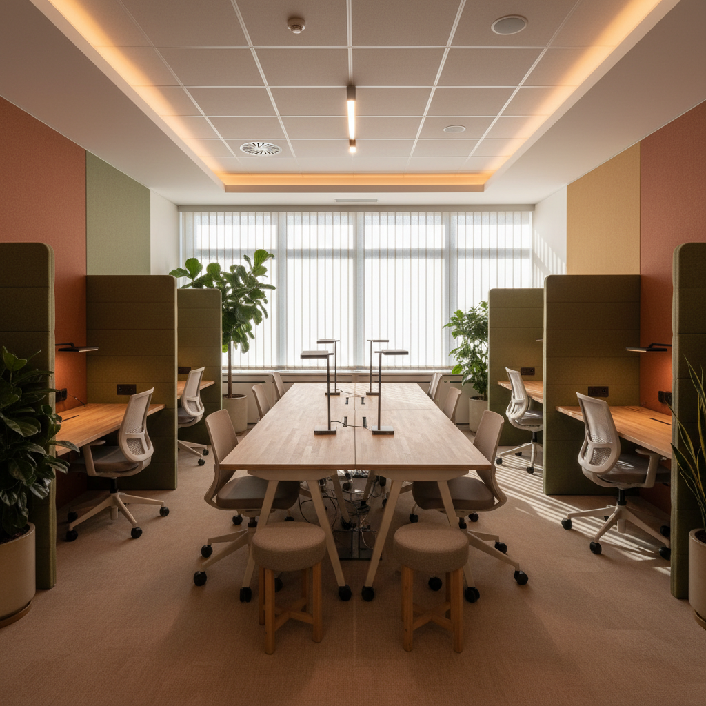 Geniş Açılı (16Mm Lens), Sinematik Bir Çekim. Esnek Kullanıma Uygun, Modüler Mobilyalarla Tasarlanmış Bir Toplantı Veya Ortak Çalışma Alanı. Akustik Paneller Ve Bölücülerle Ayrılmış Rahat Çalışma Bölümleri. Ortada Rekonfigüre Edilebilir Bir Masa Ve Sandalyeler. Duvarlarda Net, Temiz Çizgiler Ve Dekorasyona Entegre Edilmiş, Gizlenmiş Teknolojik Altyapı Detayları (Kablo Yönetimi, Şarj Noktaları). Alana Doğal Dokular (Ahşap, Kumaş) Ve Canlı Bitkiler Sıcaklık Katıyor. İç Mekan Aydınlatması Görev Odaklı Ve Ambiyans Işıklandırmasıyla Dengelenmiş, Yan Pencereden Süzülen Hafif Gün Işığı Ile Aydınlık Bir Ortam. Mekan, Hem Işlevsel Hem De Estetik Bir Denge Sunuyor, Dinamik Ve Düzenli Bir Hava Yaratıyor. Warm Tones, 10-24Mm Lens.