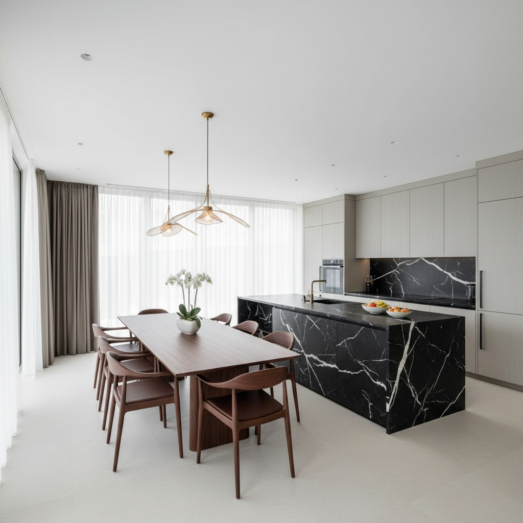 Lüks Bir Villanın Açık Konsept Yaşam Alanında Şık Bir Yemek Alanı Ve Ona Entegre Modern Bir Mutfak. Mutfak Adası Ve Tezgahlarında Beyaz Damarlı Siyah Mermer Kullanılmış. Yemek Masası Ve Sandalyeler, Koyu Ceviz Veya Maun Ahşaptan Üretilmiş, Zarif Hatlara Sahip. Tavandan Sarkan, Pirinç Detaylı, Sanatsal Formda Iki Adet Avize, Yemek Masasının Üzerinde Sıcak Ve Davetkar Bir Işık Yayıyor. Mutfak Kısmında Minimalist, Ankastre Beyaz Eşyalar Ve Gizli Depolama Çözümleri Mevcut. Yemek Alanına Bitişik, Boydan Boya Cam Pencereden Gelen Hafif Gün Işığı, Iç Mekan Aydınlatmasıyla Mükemmel Bir Uyum Içinde, Aydınlık, Net Ve Ferah Bir Ortam Sağlıyor. Masanın Üzerinde Minimalist Bir Vazo Içinde Orkideler Ve Zarif Servis Takımları, Mutfak Adasında Dekoratif Meyve Kaseleri. Hem Yemek Alanını Hem De Mutfak Kısmını Gösteren, Köşeden Çekilmiş Geniş Açılı Bir Kadraj. 14-30Mm Lens, Sinematik, Yüksek Çözünürlüklü Fotoğraf.