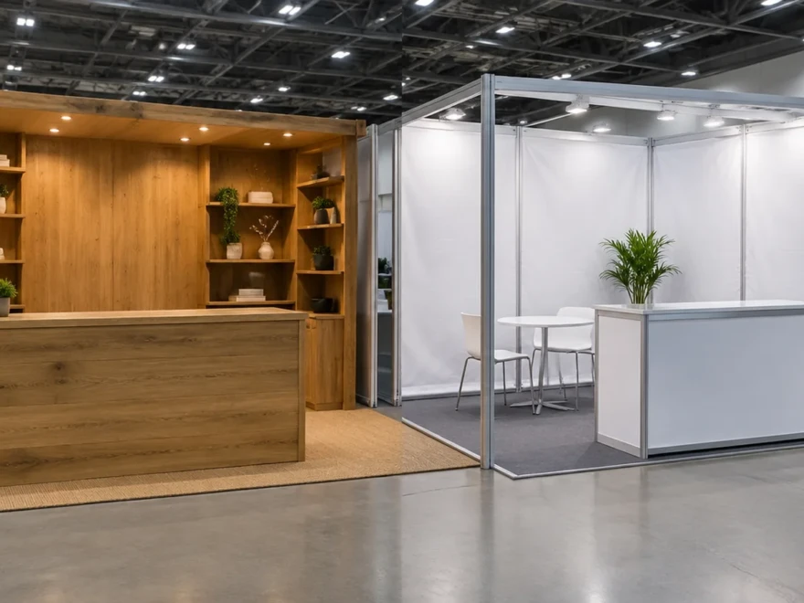 Fuar Salonunda Ahşap Kaplamalı Teşhir Ünitesi Ve Metal Profilli Modüler Stand Detayları.