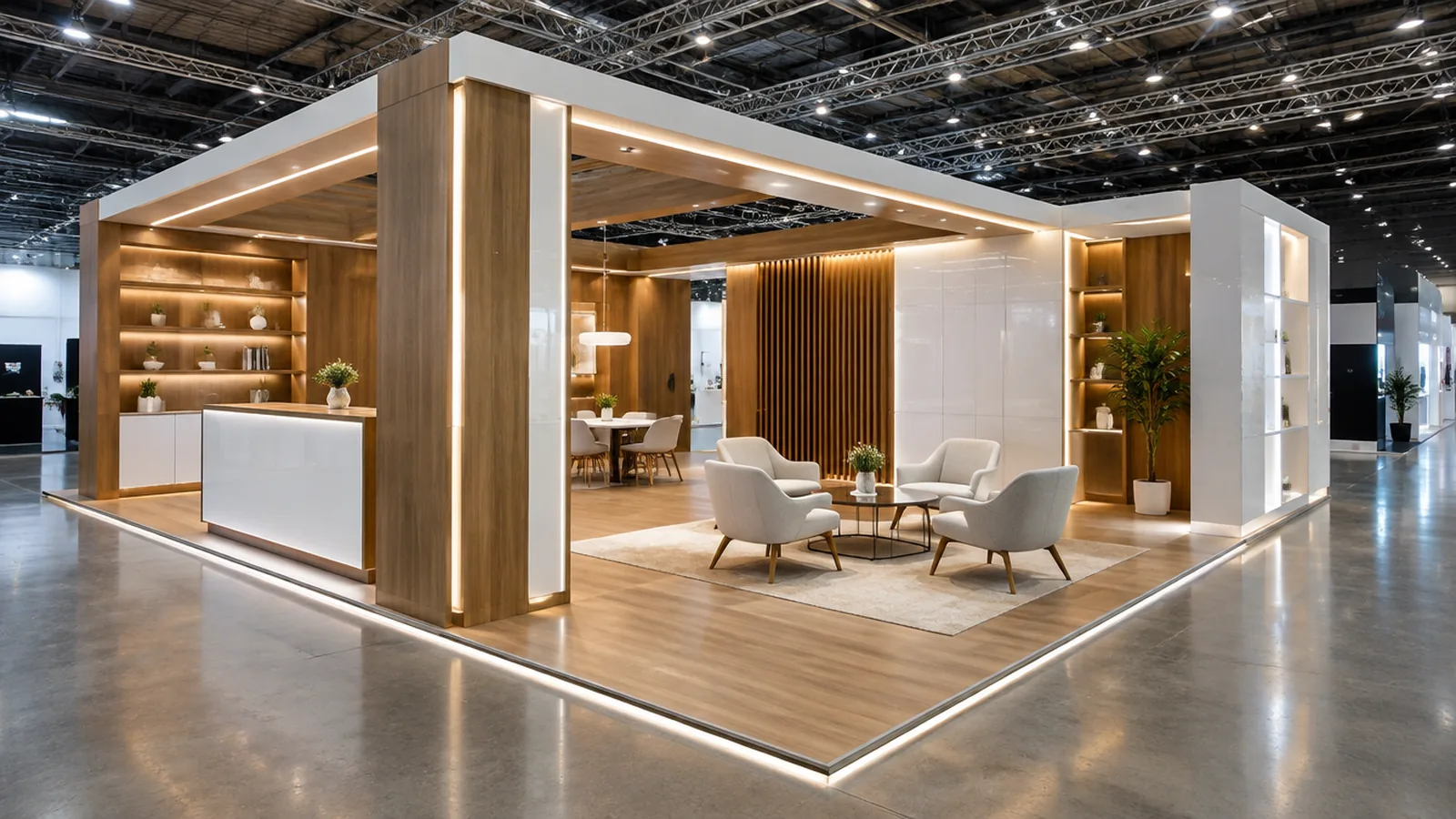 Tüyap 36 M² Fuar Standı: Tasarım Ve Kurulum Seçimi 8 Fuar Salonunda Ürün Teşhir Üniteleri, Karşılama Bankosu Ve Görüşme Masası Bulunan Köşe Stand.